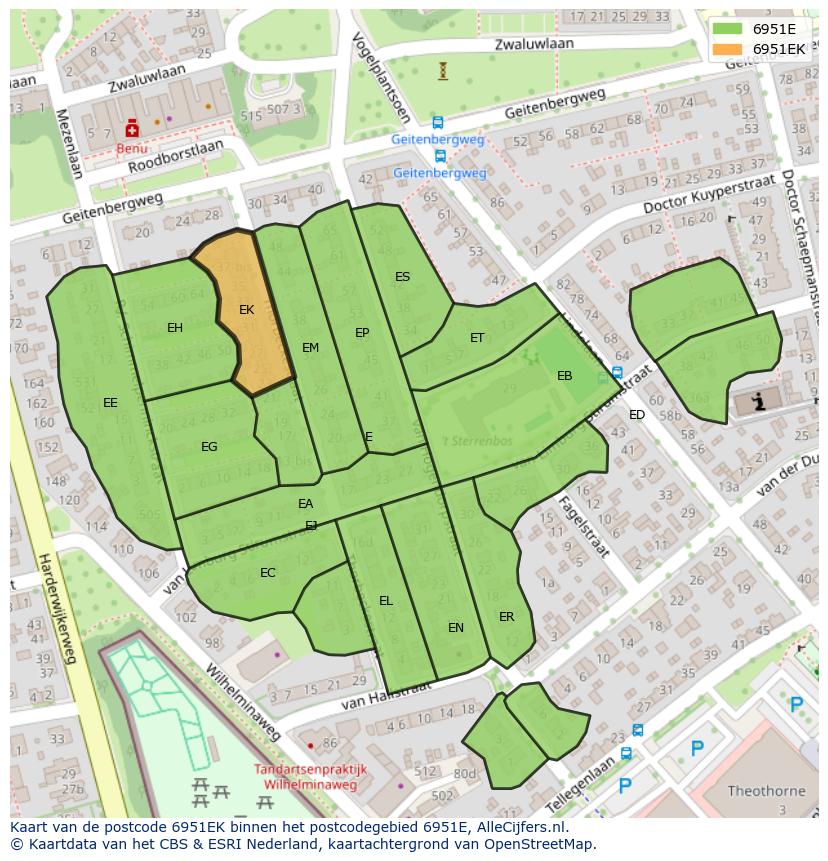 Afbeelding van het postcodegebied 6951 EK op de kaart.