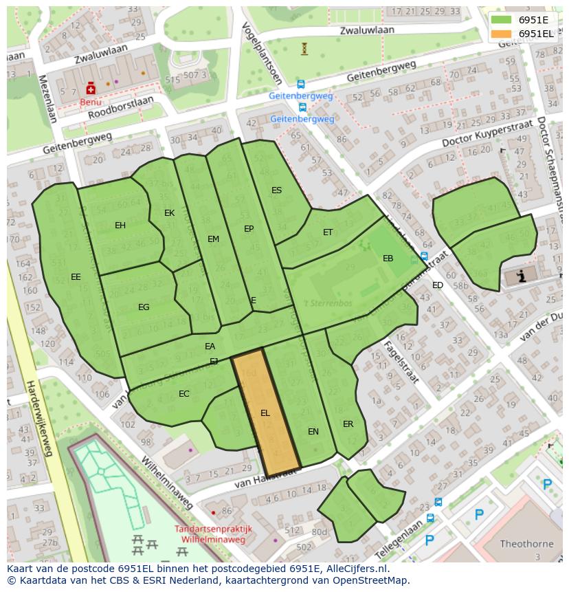 Afbeelding van het postcodegebied 6951 EL op de kaart.
