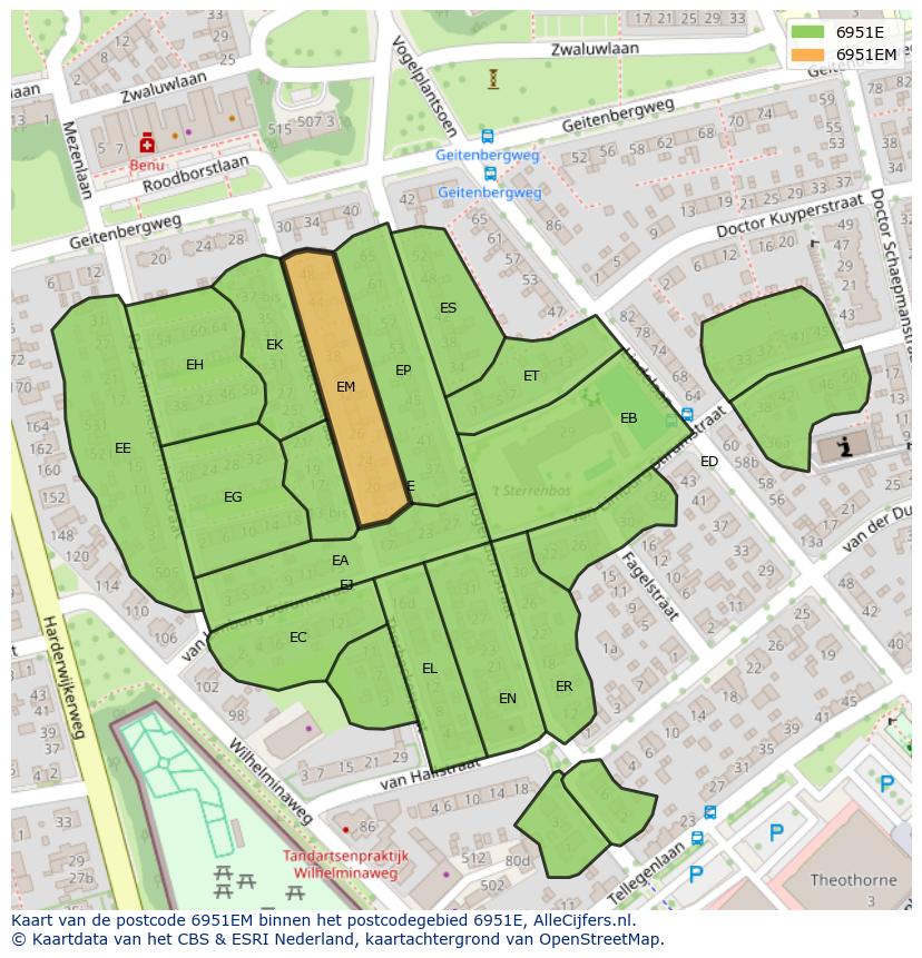 Afbeelding van het postcodegebied 6951 EM op de kaart.