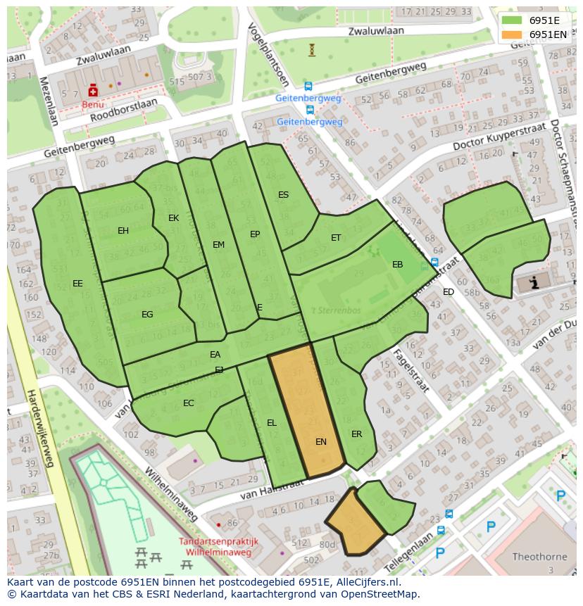 Afbeelding van het postcodegebied 6951 EN op de kaart.