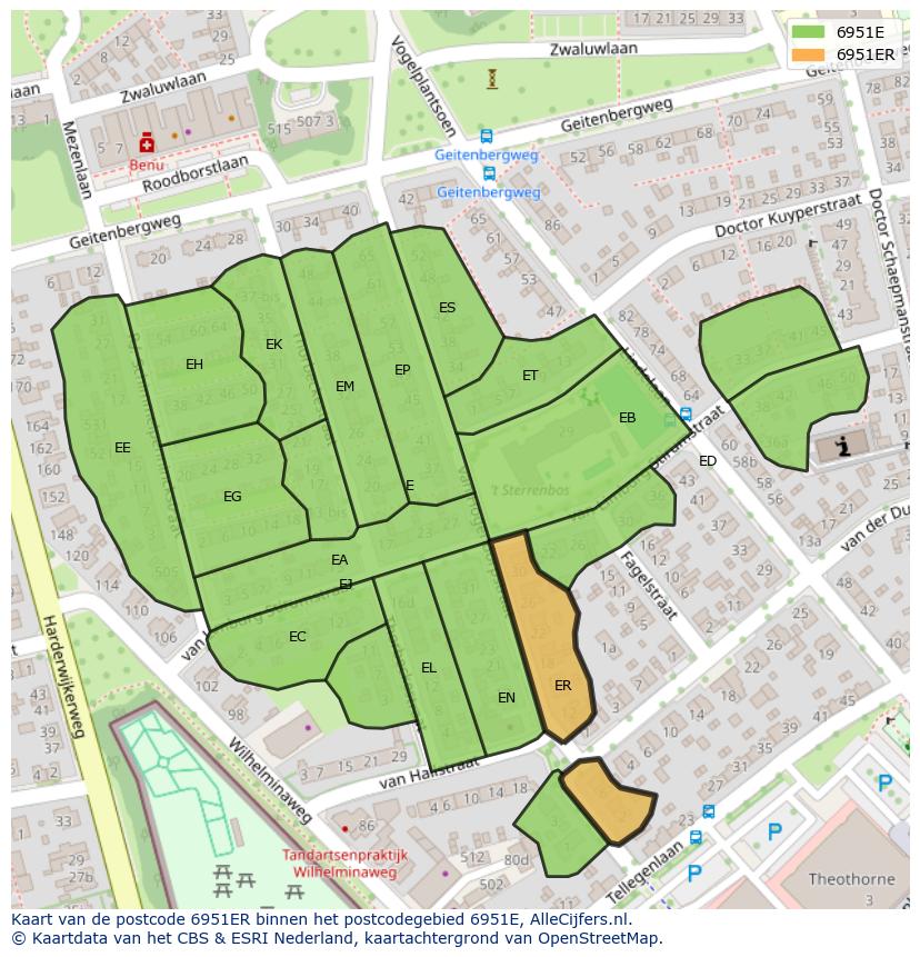 Afbeelding van het postcodegebied 6951 ER op de kaart.