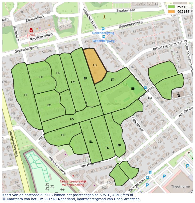 Afbeelding van het postcodegebied 6951 ES op de kaart.