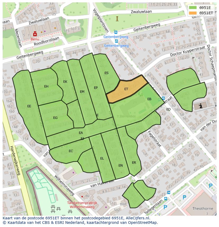 Afbeelding van het postcodegebied 6951 ET op de kaart.