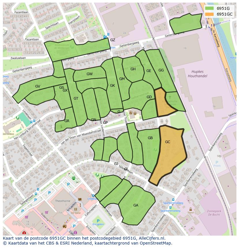 Afbeelding van het postcodegebied 6951 GC op de kaart.