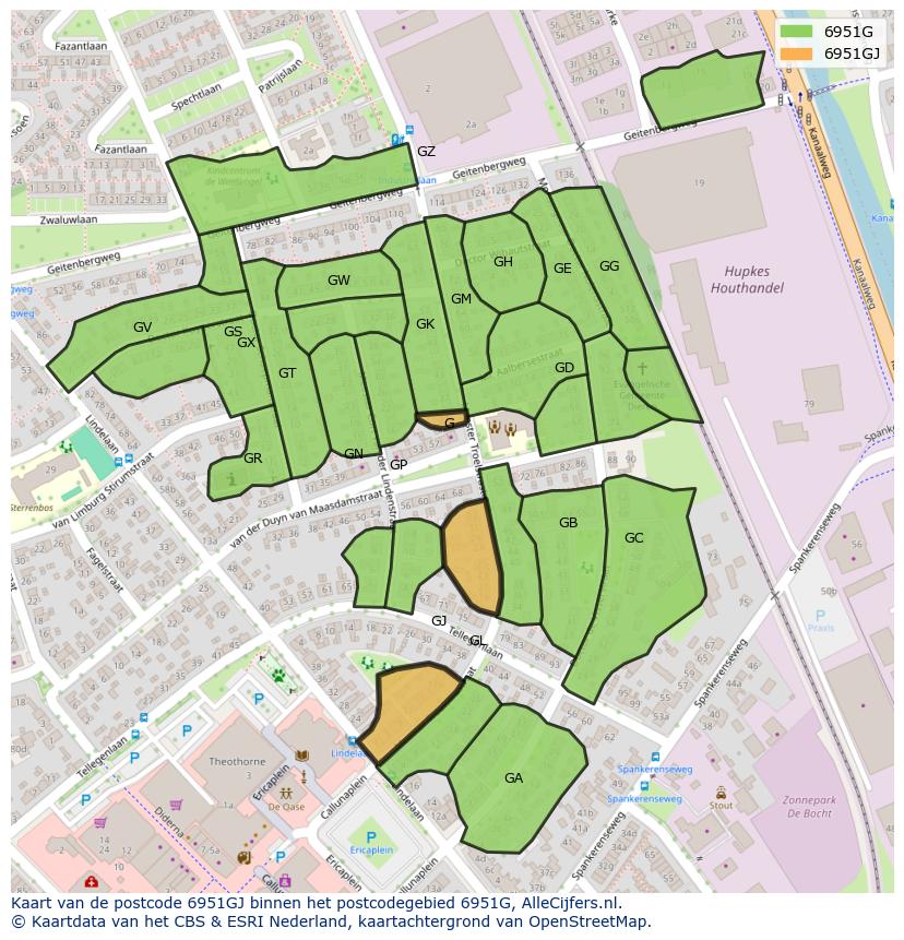 Afbeelding van het postcodegebied 6951 GJ op de kaart.