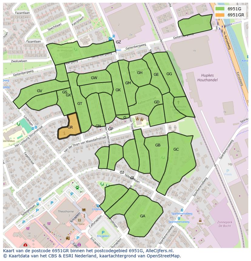 Afbeelding van het postcodegebied 6951 GR op de kaart.