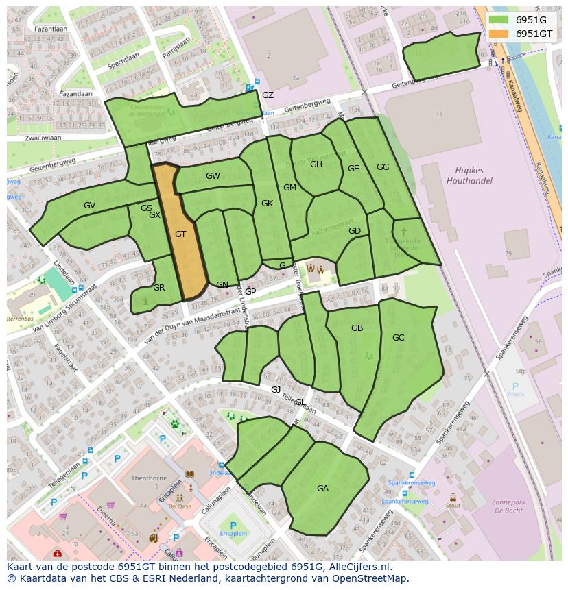 Afbeelding van het postcodegebied 6951 GT op de kaart.
