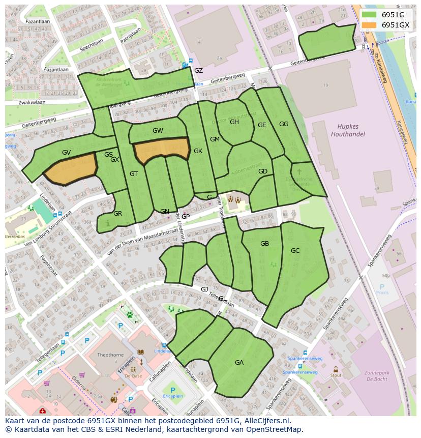 Afbeelding van het postcodegebied 6951 GX op de kaart.