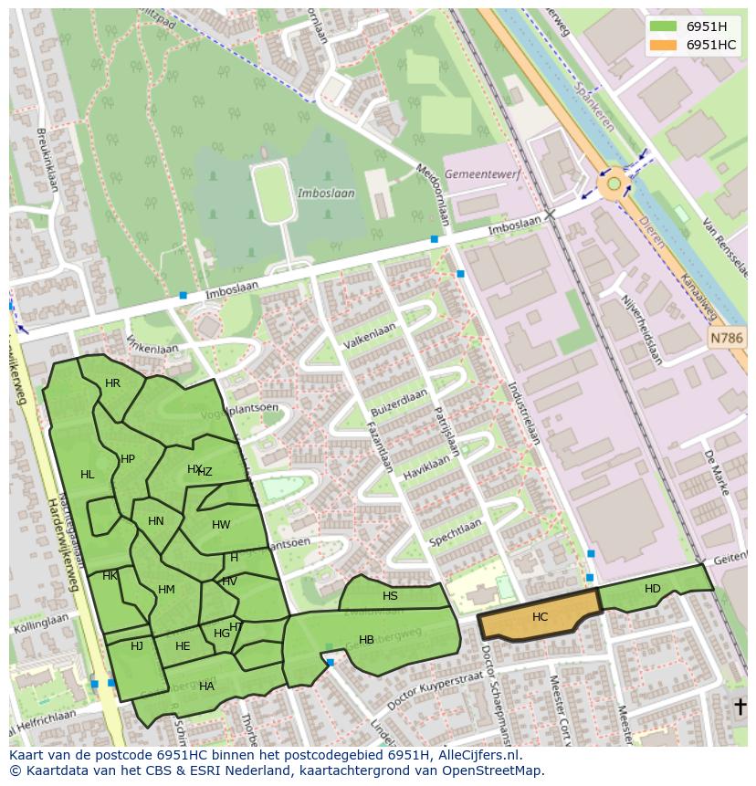 Afbeelding van het postcodegebied 6951 HC op de kaart.