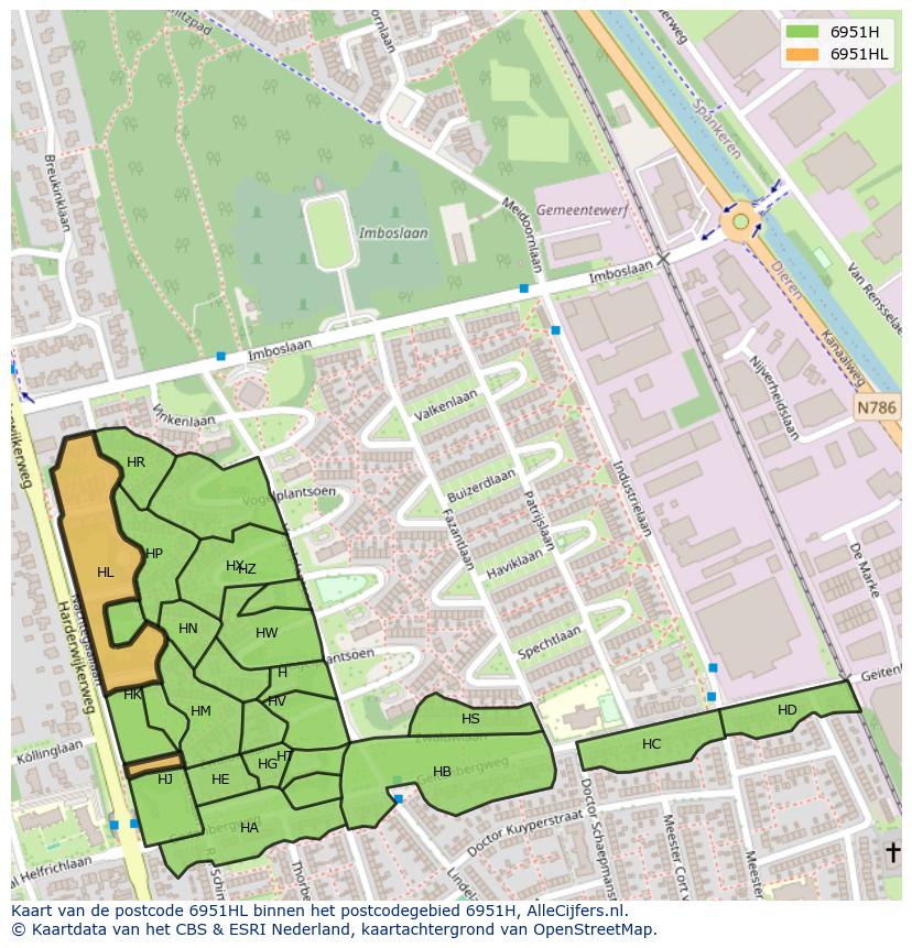 Afbeelding van het postcodegebied 6951 HL op de kaart.
