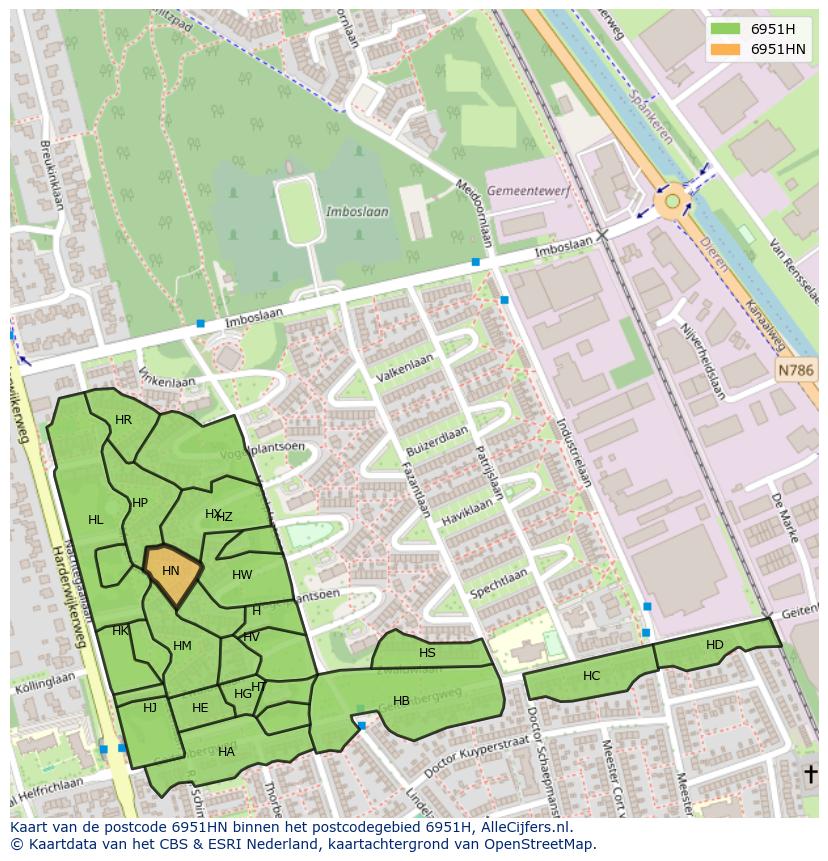 Afbeelding van het postcodegebied 6951 HN op de kaart.