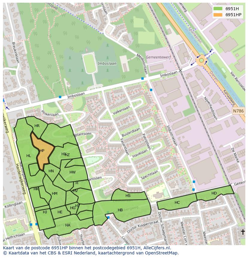 Afbeelding van het postcodegebied 6951 HP op de kaart.