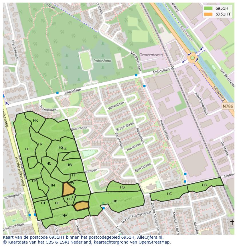 Afbeelding van het postcodegebied 6951 HT op de kaart.