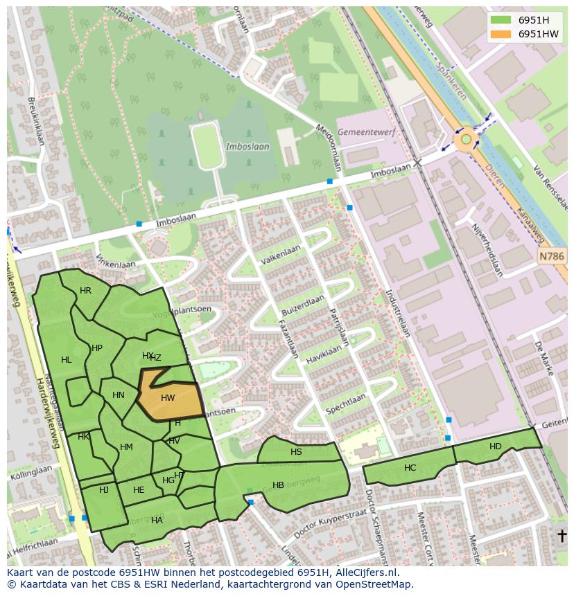 Afbeelding van het postcodegebied 6951 HW op de kaart.