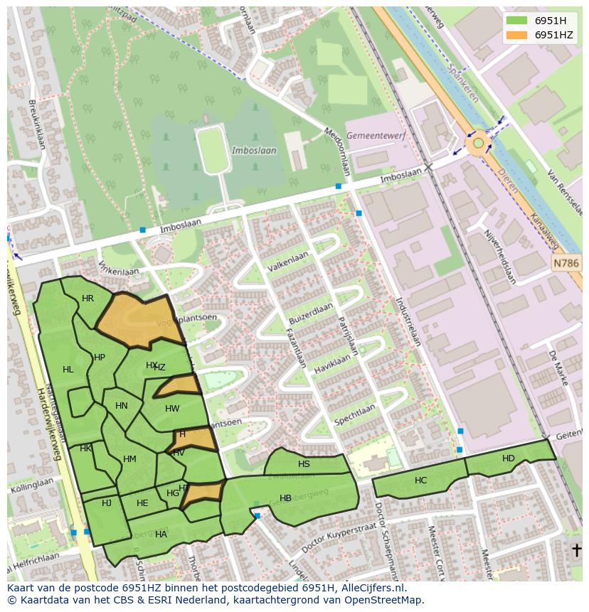 Afbeelding van het postcodegebied 6951 HZ op de kaart.