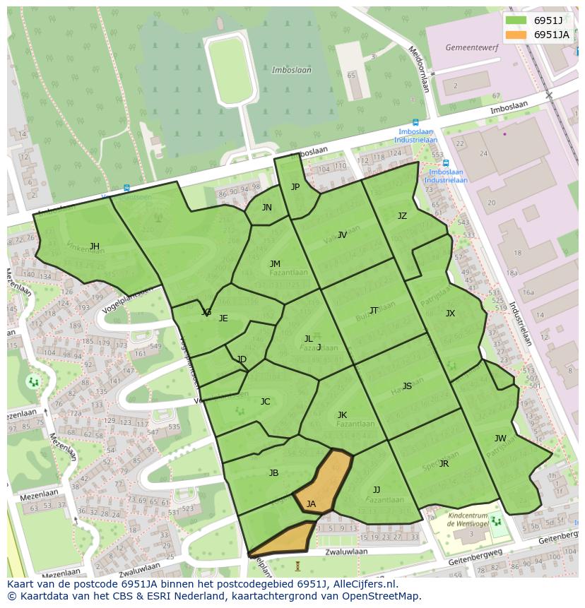 Afbeelding van het postcodegebied 6951 JA op de kaart.