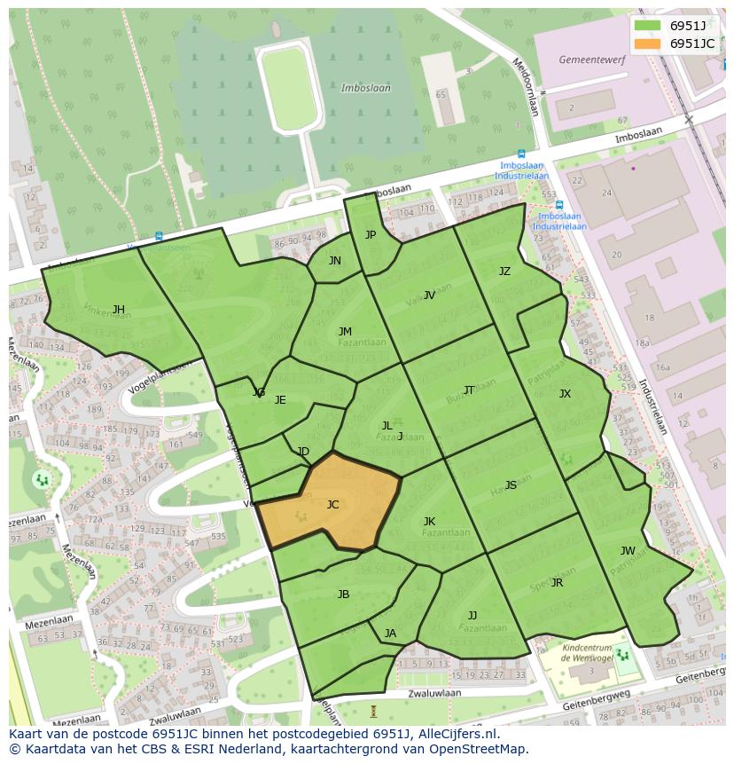 Afbeelding van het postcodegebied 6951 JC op de kaart.