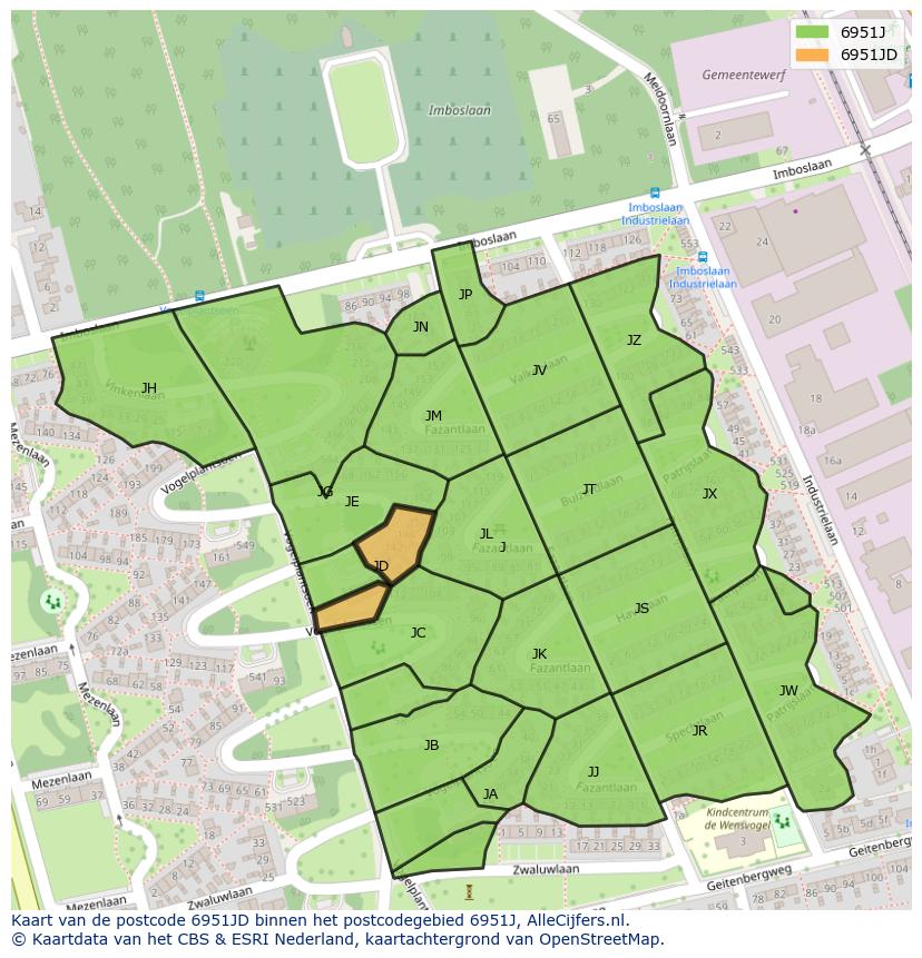 Afbeelding van het postcodegebied 6951 JD op de kaart.