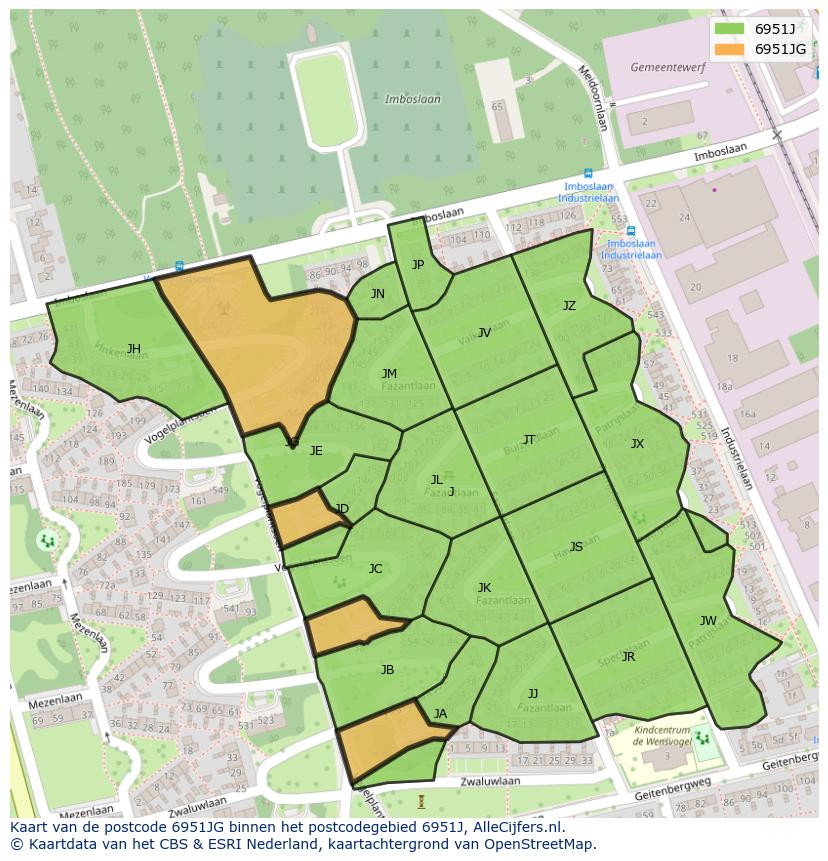 Afbeelding van het postcodegebied 6951 JG op de kaart.