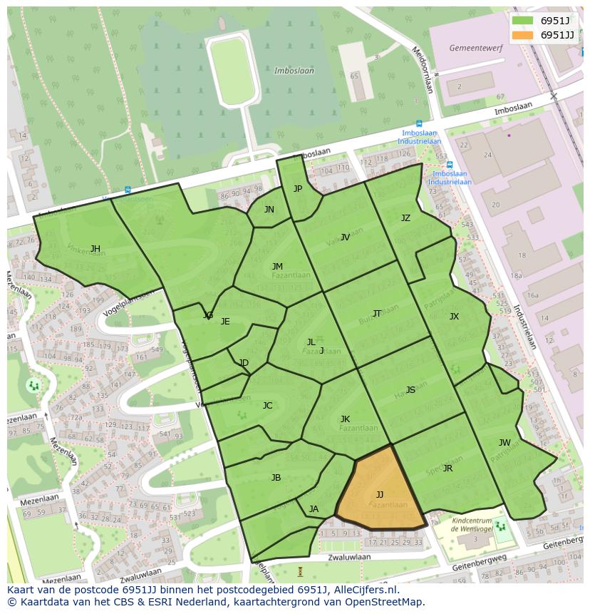 Afbeelding van het postcodegebied 6951 JJ op de kaart.