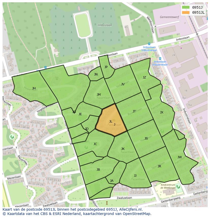 Afbeelding van het postcodegebied 6951 JL op de kaart.
