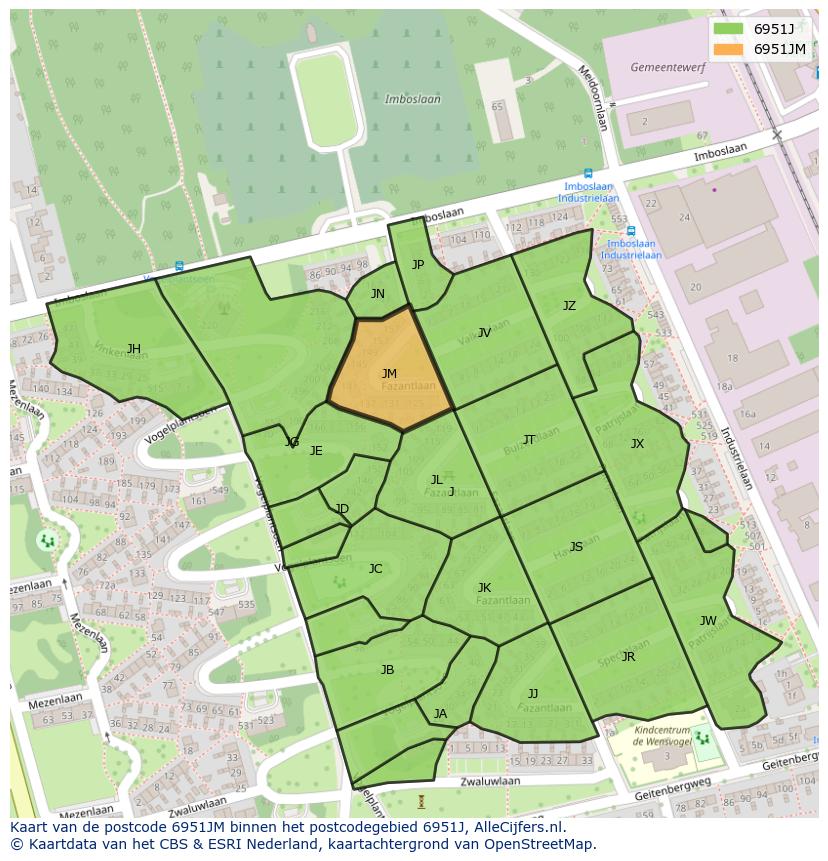 Afbeelding van het postcodegebied 6951 JM op de kaart.
