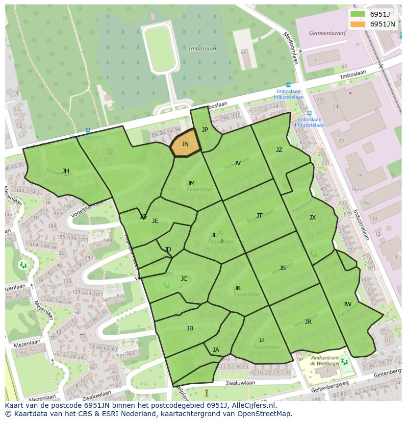 Afbeelding van het postcodegebied 6951 JN op de kaart.