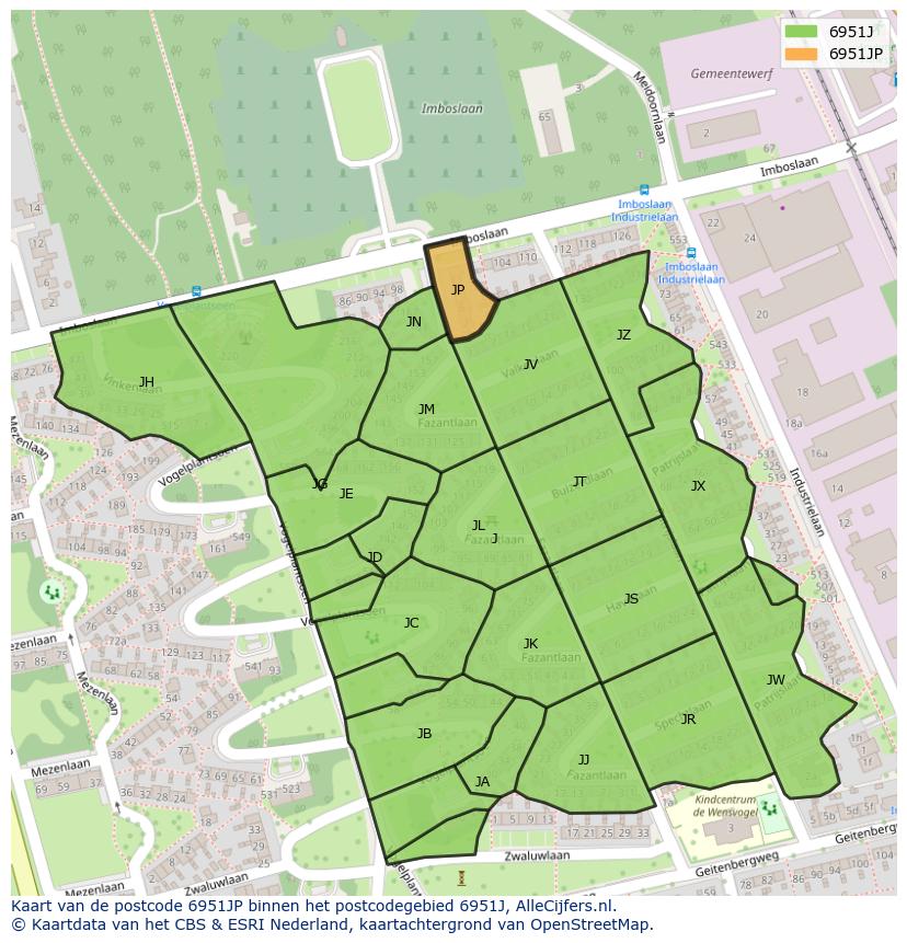 Afbeelding van het postcodegebied 6951 JP op de kaart.