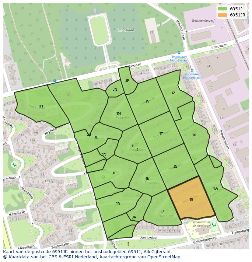Afbeelding van het postcodegebied 6951 JR op de kaart.
