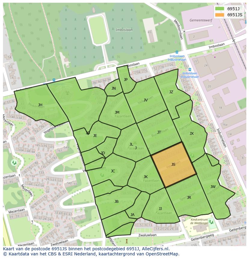 Afbeelding van het postcodegebied 6951 JS op de kaart.