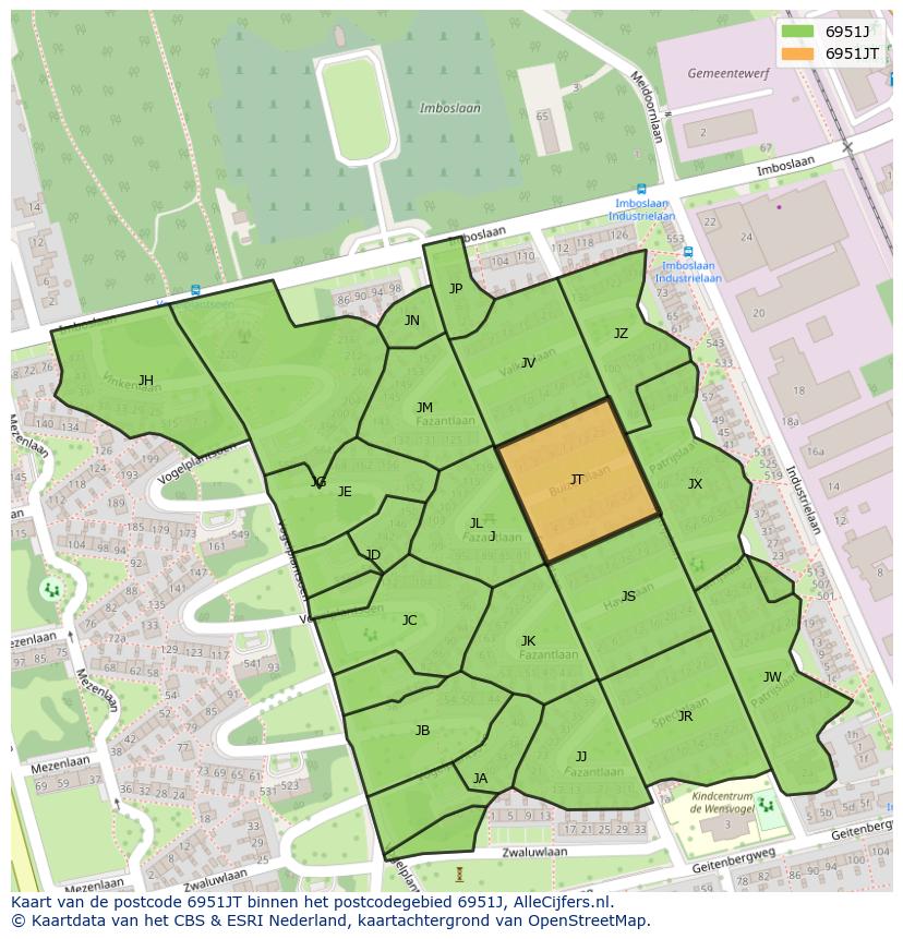 Afbeelding van het postcodegebied 6951 JT op de kaart.