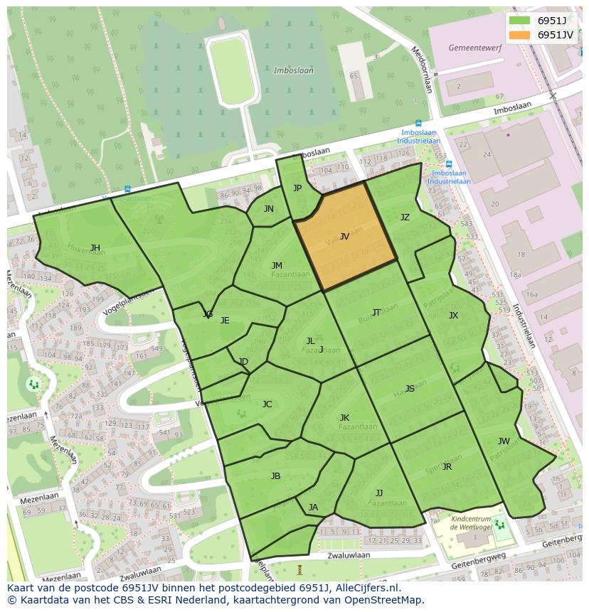 Afbeelding van het postcodegebied 6951 JV op de kaart.