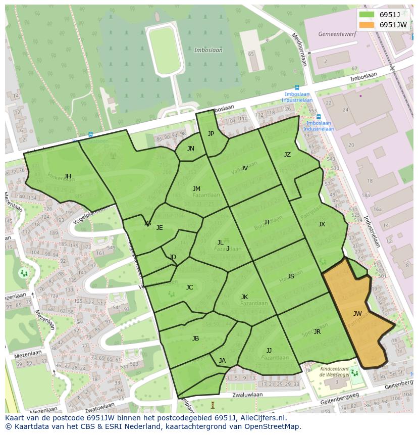 Afbeelding van het postcodegebied 6951 JW op de kaart.