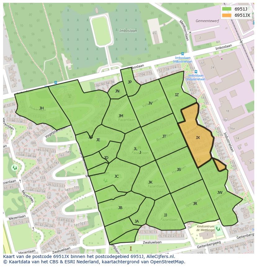 Afbeelding van het postcodegebied 6951 JX op de kaart.