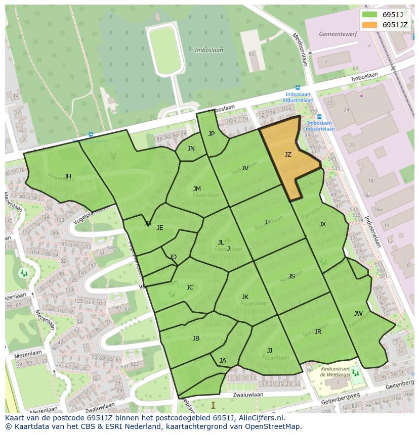 Afbeelding van het postcodegebied 6951 JZ op de kaart.