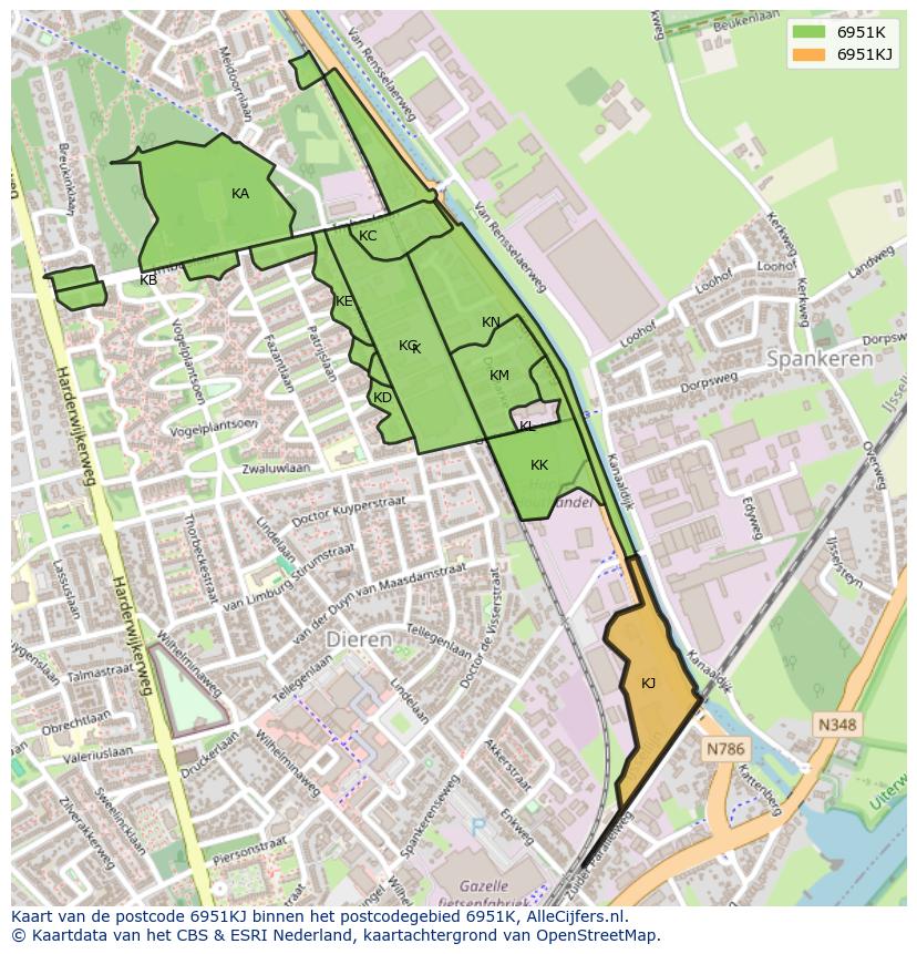 Afbeelding van het postcodegebied 6951 KJ op de kaart.