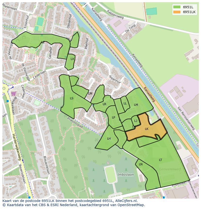 Afbeelding van het postcodegebied 6951 LK op de kaart.