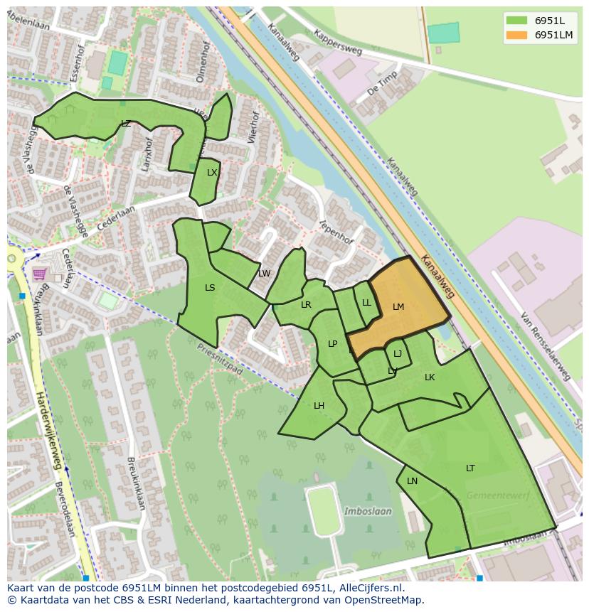 Afbeelding van het postcodegebied 6951 LM op de kaart.