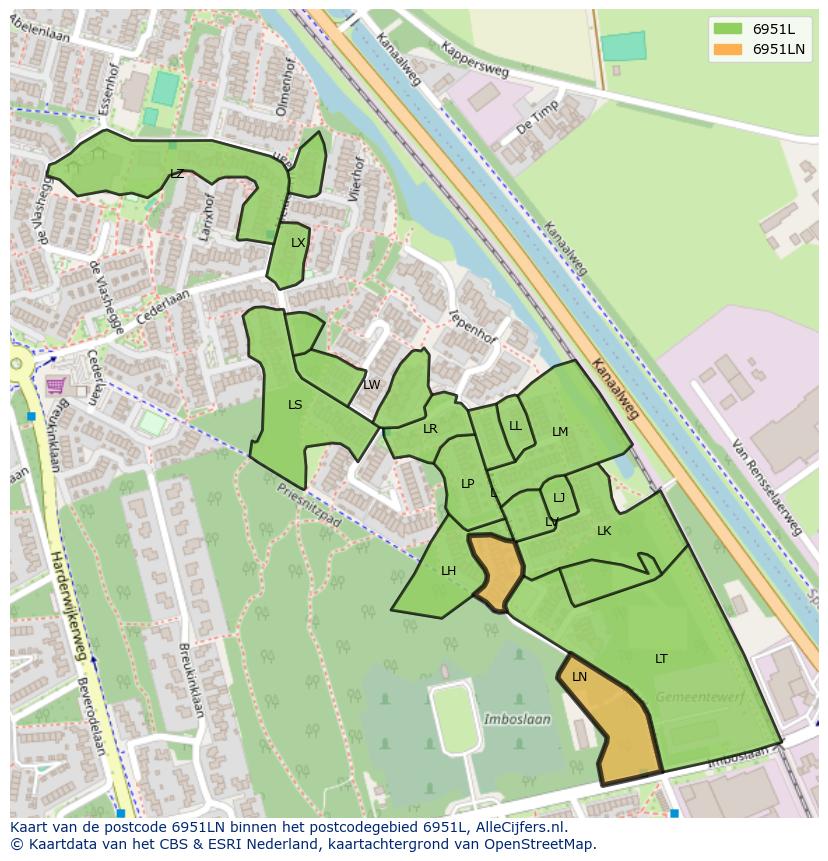 Afbeelding van het postcodegebied 6951 LN op de kaart.