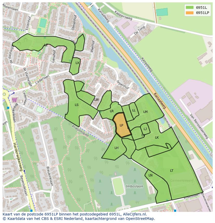 Afbeelding van het postcodegebied 6951 LP op de kaart.