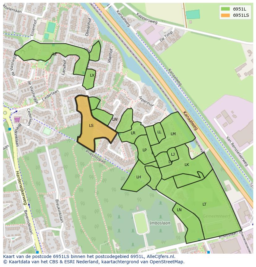 Afbeelding van het postcodegebied 6951 LS op de kaart.
