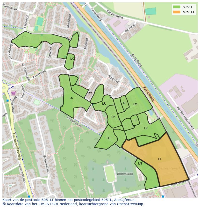 Afbeelding van het postcodegebied 6951 LT op de kaart.