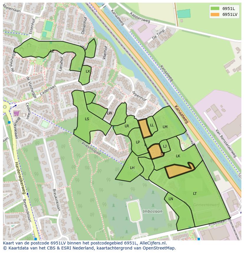 Afbeelding van het postcodegebied 6951 LV op de kaart.