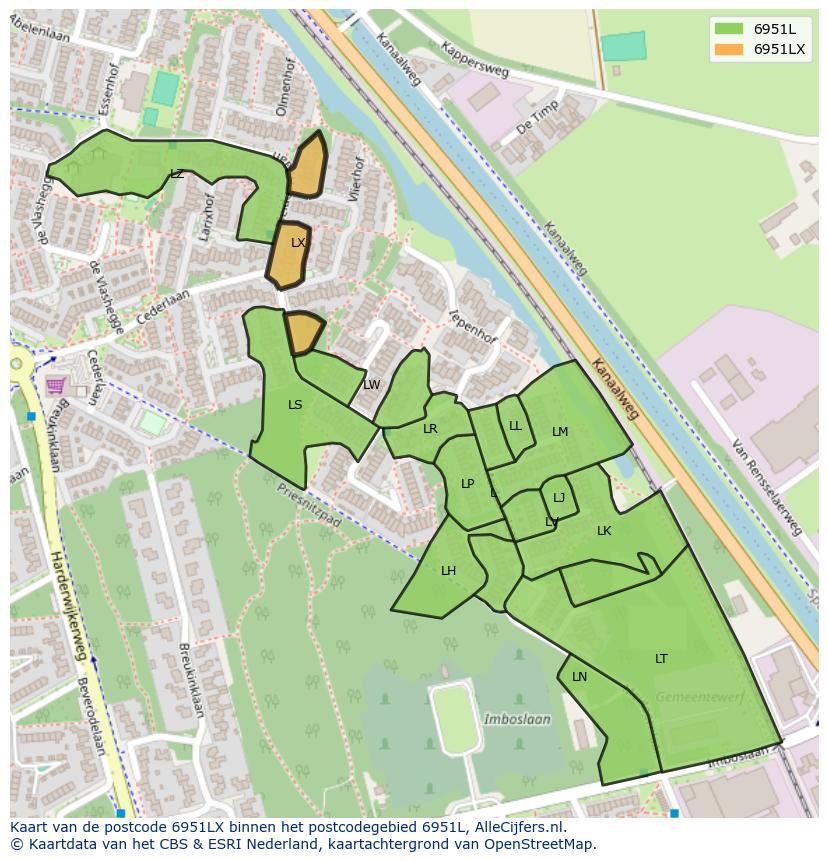 Afbeelding van het postcodegebied 6951 LX op de kaart.
