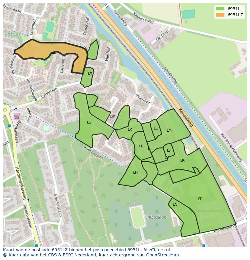 Afbeelding van het postcodegebied 6951 LZ op de kaart.