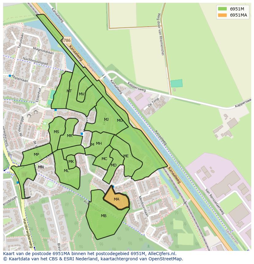 Afbeelding van het postcodegebied 6951 MA op de kaart.