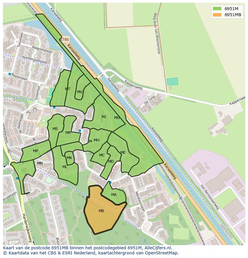 Afbeelding van het postcodegebied 6951 MB op de kaart.