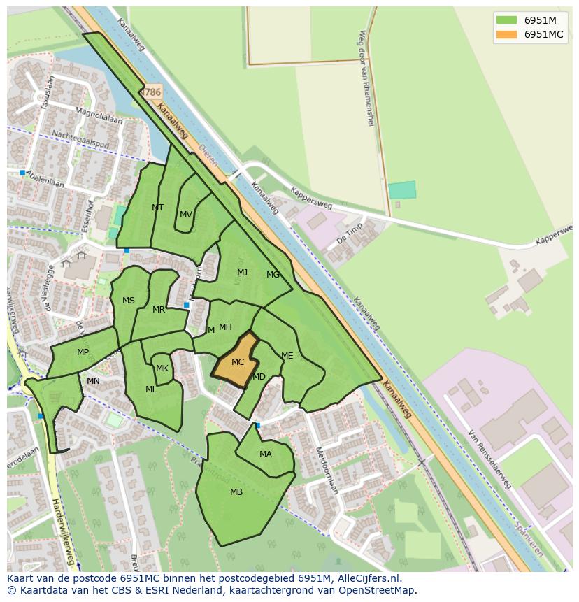 Afbeelding van het postcodegebied 6951 MC op de kaart.