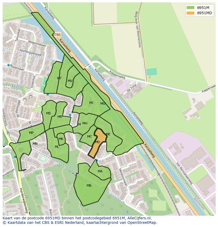 Afbeelding van het postcodegebied 6951 MD op de kaart.