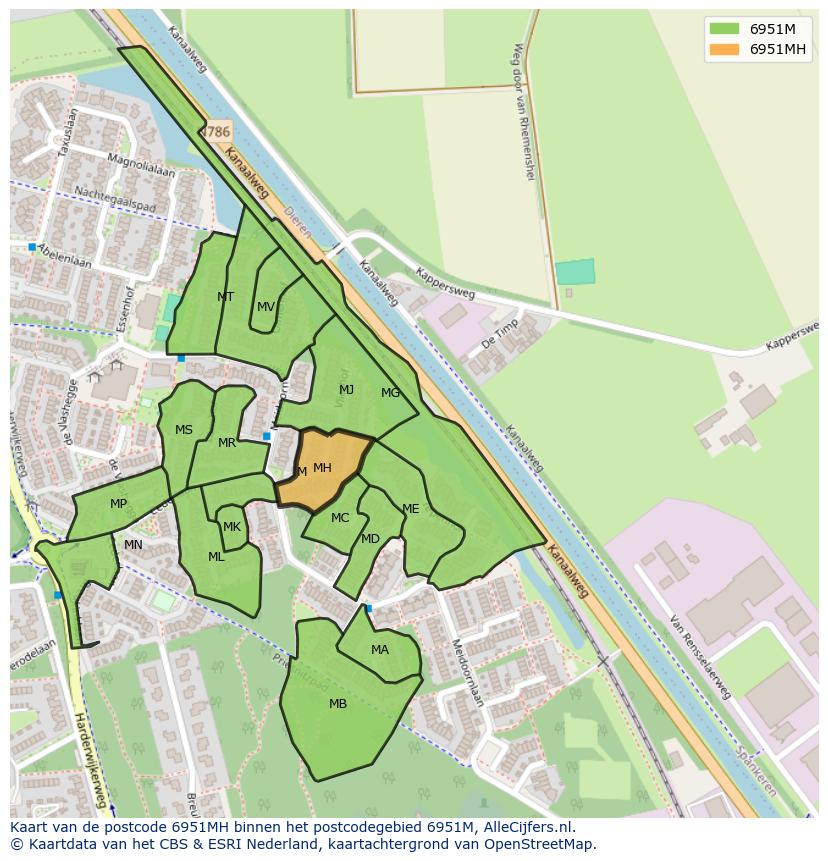 Afbeelding van het postcodegebied 6951 MH op de kaart.